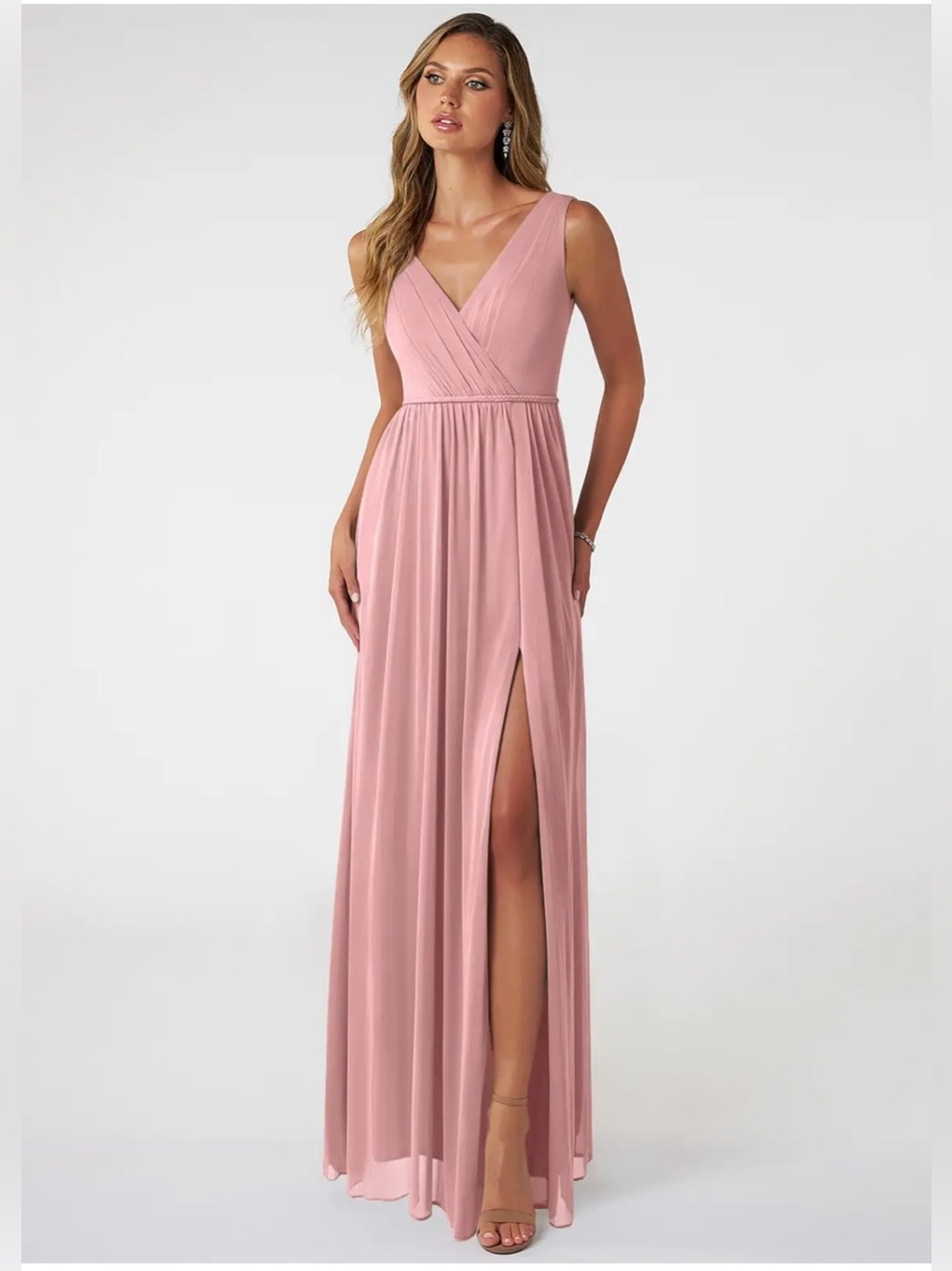 Azazie Tanicia Stretch Dusty Pink A-Line V-Neck Pleated Mesh Dress Size 4 NWT